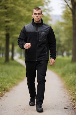 Jaqueta de lã Columbia Sportswear Company preta com zíper completo masculina tamanho médio - Imagem 1 de 4