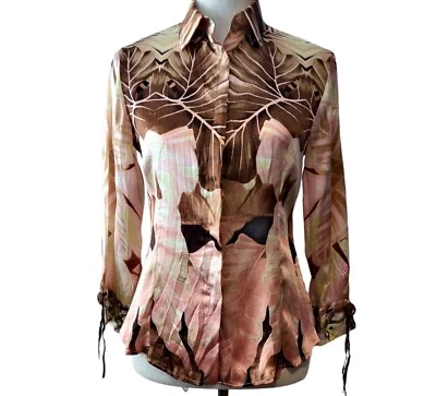 Женская блузка на пуговицах Roberto Cavalli розовая коричневая тропическая 100% шелк топ XS - Изображение 1 из 4