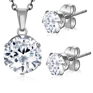 Set Collana Orecchini Borchie Solitario Argento Tono Argento Acciaio Inox - Foto 1 di 2