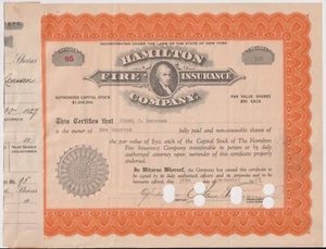 Certificado de acciones de Hamilton Fire Insurance Company 1927 Nueva York - Imagen 1 de 1