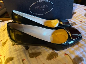 PRADA MILANO GENUINE BLACK PATENT LEATHER PUMPS 37.5 - Picture 1 of 14