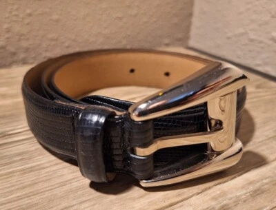 Tanner Brown Leather Belt Lizard Print Silver Buckle Made in Italy Women's Large - Imagem 1 de 4