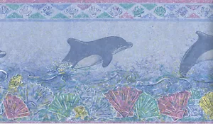 DOLPHINS AND SEASHELLS BLUE BACKGROUND SILK WALLPAPER BORDER - Picture 1 of 1