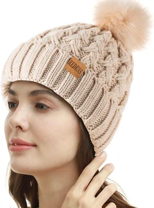 Women Winter Pompom Beanie Hat Fleece Lined Warm Hats, Thick Slouchy Snow Knit C - Picture 1 of 12