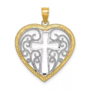 Cut-Out and Beaded Filigree Heart Cross Charm In Real 14k Yellow Two Tone Gold - Picture 1 of 7