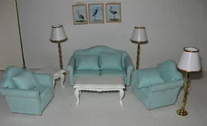 Mayberry Street Miniatures Living Room Set Aqua Sofa Chairs Tables Lamps 1:12 - Picture 1 of 11