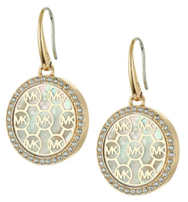 MICHAEL KORS MK Monogram Yellow Gold Drop Earrings Pearl Crystal MKJ5367710 +BOX - Image 1 of 4
