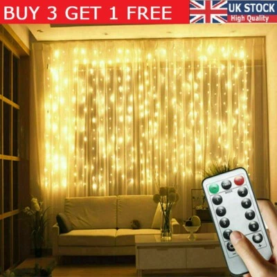 300 LED Curtain Fairy Lights String Indoor/Outdoor Backdrop Wedding Xmas Party - Image 1 of 4