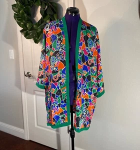 I. Magnin Jacket Robe Top Long Sleeve Colorful Abstract Flowers Open Front 14 - Picture 1 of 16