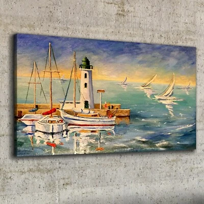 Canvas Wandbild Leinwand Bilder 100x50 Gemälde Hafen Schiffe Leuchtturm Meer Kun - Bild 1 von 4