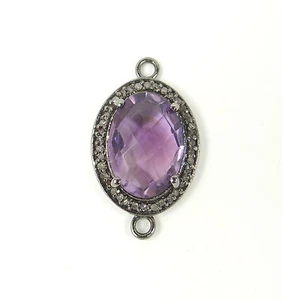 PAVE DIAMONDS 19 X 15 NATURAL AMETHYST STERLING SILVER RHODIUM PLATING CONNECTOR - Bild 1 von 1