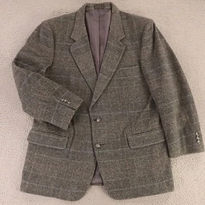 VTG Tweed Jacket L Gray Prince of Wales Check Lambs Wool Camel Hair Blazer 44R - Picture 1 of 16