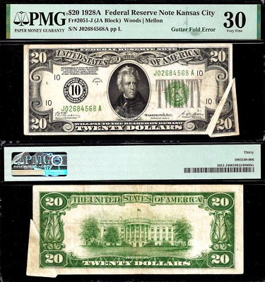 1928 $20 FRN Cleveland PMG 35 Rare Error - Gutter Fold Error - Gold on Demand - Image 1 of 3
