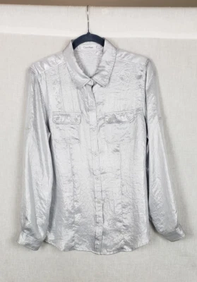 Womens Calvin Klein Metallic Silver Shirt Top Blouse Button Front Holiday Party - Image 1 of 4