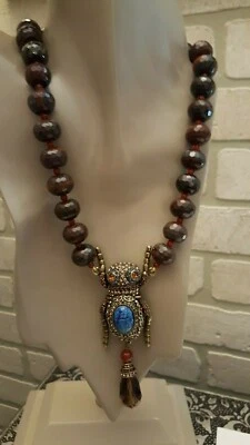 Heidi Daus "Sparkling Scarab" Simulated Tiger's Eye Beaded Drop Necklace NIB - Image 1 of 4