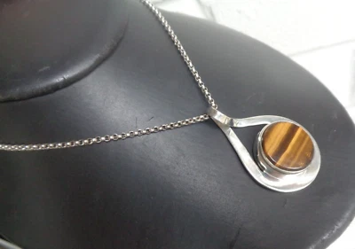 Messicano Pendente Argento Moderni Occhio di Tigre Mexico Sterling 925 c1970s - Immagine 1 di 4