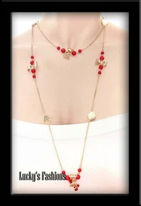 Red Beads Gold Leaf Bows Long Chain NECKLACE - Picture 1 of 1