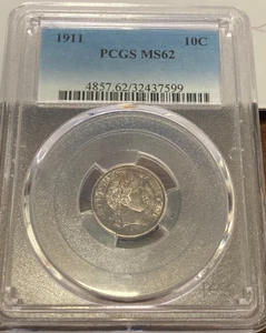 1911 BARBER DIME PCGS MS62 UNCIRCULATED SILVER NICE TYPE COIN! Slot 21 Box29 - Picture 1 of 2