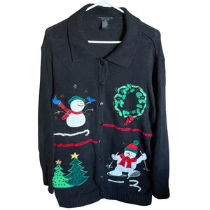 Vintage Christmas Sweater 90s Snowman Knit Cardigan Women’s 1X Granny Ugly Y2K - Picture 1 of 8