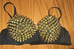NEU Gothic Gold Spikes BH Push Up Glam Punk XXL Schwarz Stretch Madonna - Bild 1 von 7