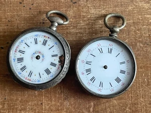 2x Cylindre 10 Huit Rubis Silver Plated? Enamel Pocket Watches Spares or Repair - Picture 1 of 20