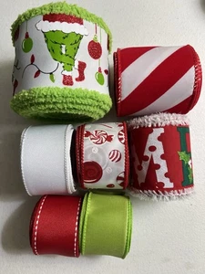 Lot 7 Christmas Monster Grinch Cane Stripes Wired Ribbon 4 Yds Ea 2.5 & 1.5” New - Picture 1 of 4