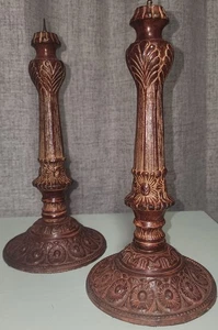 Vintage Resin Candlestick Pair Rustic Carved Wood Look Farmhouse Cottage Decor  - Picture 1 of 12