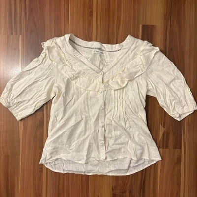 NUEVO CON ETIQUETAS Blusa Lino Algodón Blanco Volantes Abotonada Downeast Talla M Foto 1 de 4