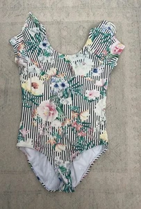Gianni Bini GB Girls One Piece Swimsuit Floral Stripe Ruffle Girls Size 14 - Picture 1 of 5