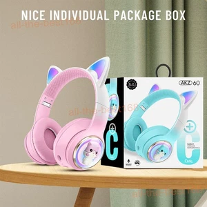Cute Cat Ear Bluetooth Wireless Headphone RGB LED Mic Stereo Headset Kids Girls - Picture 1 of 14