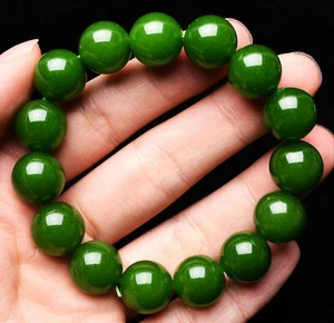 14mm Natural Nephrite Green Jadeite Jade Gemstone Round Bead Bracelet AAA - Imagen 1 de 6