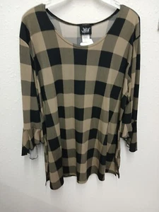 Jostar XL Black And Tan Plaid Print Top With 3/4 Bell Sleeves - Picture 1 of 4