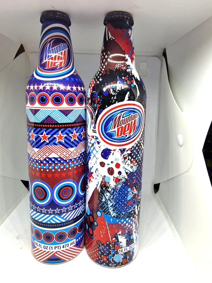 2008 USA Mountain Dew Green Label Art Bill Hilly Full 16oz Aluminum Soda Bottle