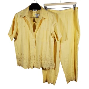 VTG 90s AKC 3pc Pant Set Womens 1X Pastel Yellow Linen Blend Casual-Suit - Picture 1 of 12