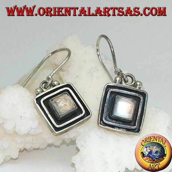 Orecchini in Argento 925‰ pietra di luna arcobaleno contornata da doppia cornice - Immagine 1 di 1