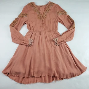 Free People Paige Mini Dress Women XS Orange Crochet Lace Boho Flowy Long Sleeve - Picture 1 of 16