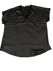 Black Satin Lace V-neck Short Sleeve Top Size Large - Picture 1 of 4