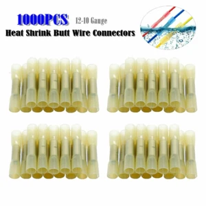1000pcs 12-10 Gauge Heat Shrink Butt Wire Connectors Crimp Terminals Yellow New - Picture 1 of 11