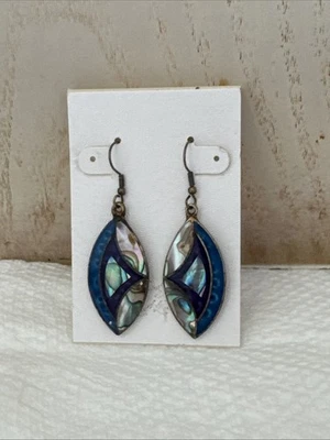 Elegantes pendientes colgantes concha de abulón azul tono plata joyería de moda Foto 1 de 4