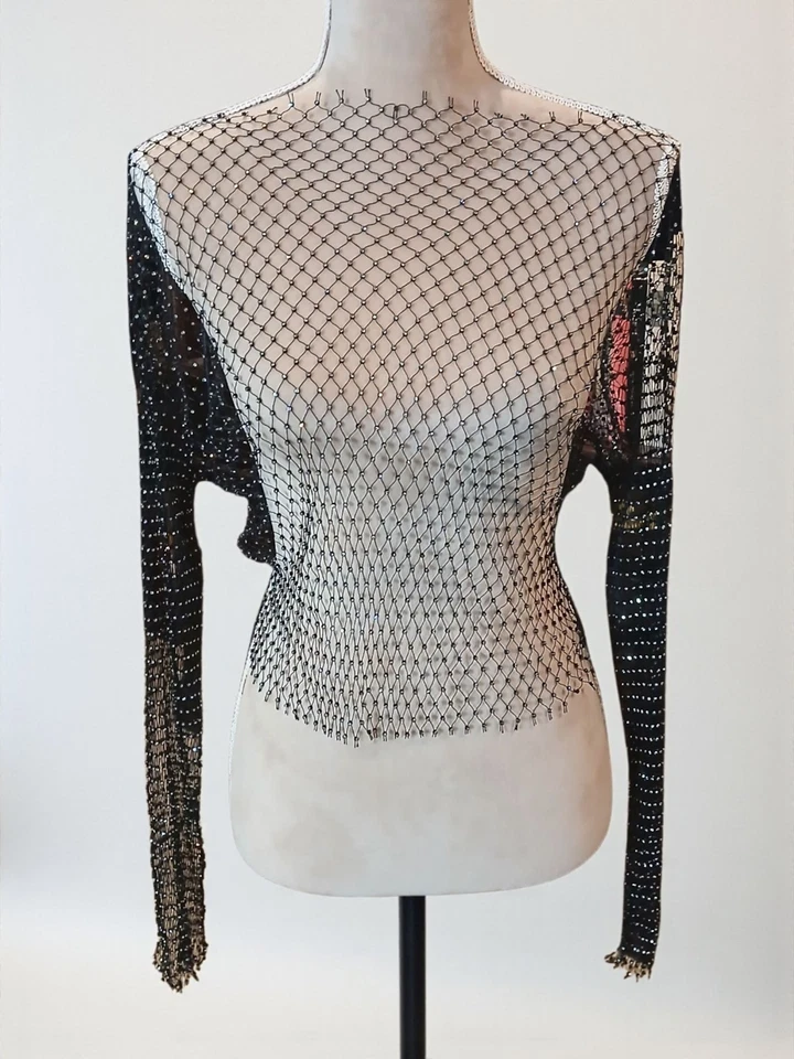 Camiseta manga longa rede de pesca strass média elástica gótica emo malha vamp escura - Imagem 1 de 4