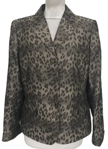 Le Suit Women's Jacket Size 10 Grey Mix Shiny Animal Blazer Collar Mid Used F1 - Picture 1 of 10
