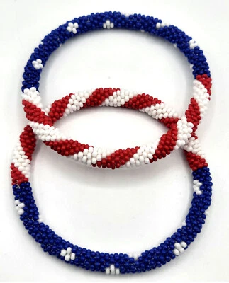 American Flag Style Stacked Bracelets Nepal Glass Bead Bracelet Seed Bead - Image 1 of 4