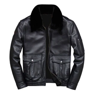 Men's Real Fur Collar Genuine Lambskin Leather Pilot Airforce Jacket - Picture 1 of 4