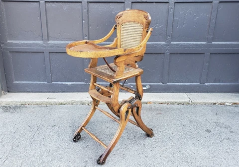 Antique c1900 Oak Up Down Collapsible Convertible Folding High Chair / Stroller Cover