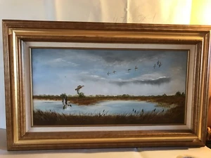 PATOS SOBRE EL AGUA, óleo/lona de J.McBride, 12x24, gran marco 19.5x31.5 - Imagen 1 de 12