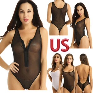 Damen transparenter Netz Body durchsichtig Teddy Dessous Turnanzug Reißverschluss Nachtwäsche - Bild 1 von 32
