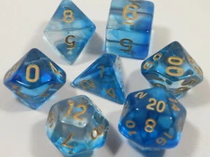 NEW RPG Dice Set of 7 - Mysty Clear Blue(Gold Inking) D4 D6 D8 D10 D12 D20 D00 - Picture 1 of 8