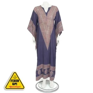 Vtg 70s Indian Kaftan Purple Block Print Maxi Dress Angel Sleeve M/L 862 - Picture 1 of 7