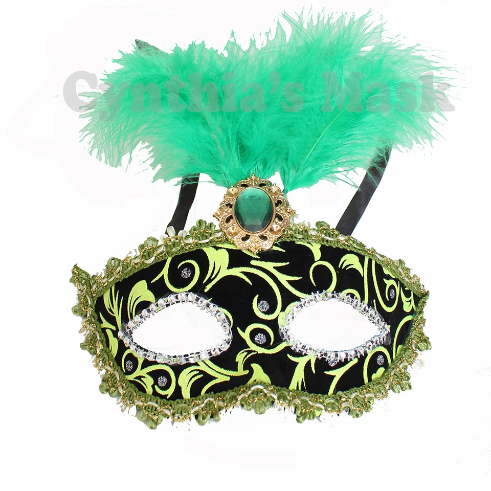 Green and Black Venetian Masquerade Mask w/Feathers Party Prom Mardi Gras  - Image 1 of 1