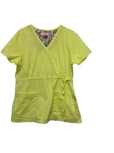 Koi By Kathy Peterson Womens Size Large Bright Yellow Scrub Top With Flowers - Picture 1 of 10